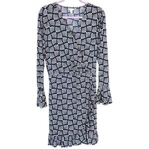 Cato Navy Blue Cream Wrap Dress Ruffle Bell Sleeve Womens XL Corporate Work boho